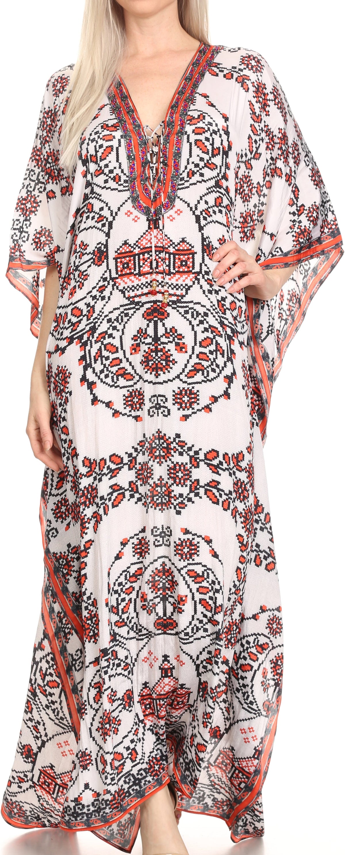 Sakkas Georgettina Flowy Rhinestone V Neck Long Caftan Dress/Cover Up